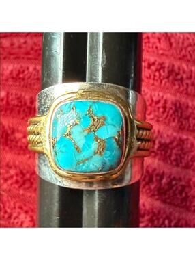 💍 Sterling Silver Turquoise Ring w/ Copper Matrix & Gold Accents | 925